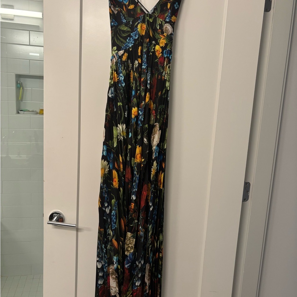 Alice + Olivia Hannah Deep V Black Floral Halter Maxi Dress with Thigh Slit - Picture 3 of 5